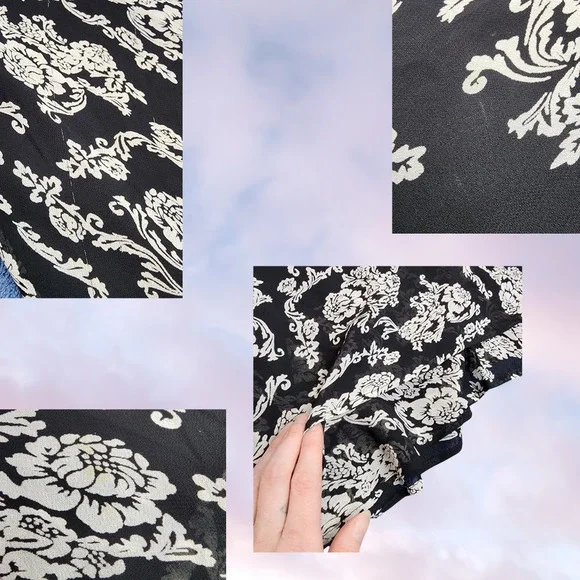 Y2k Black Off White Floral Mod Retro Long Midi Ruffle Layered Rayon Skirt 10 - Picture 4 of 4